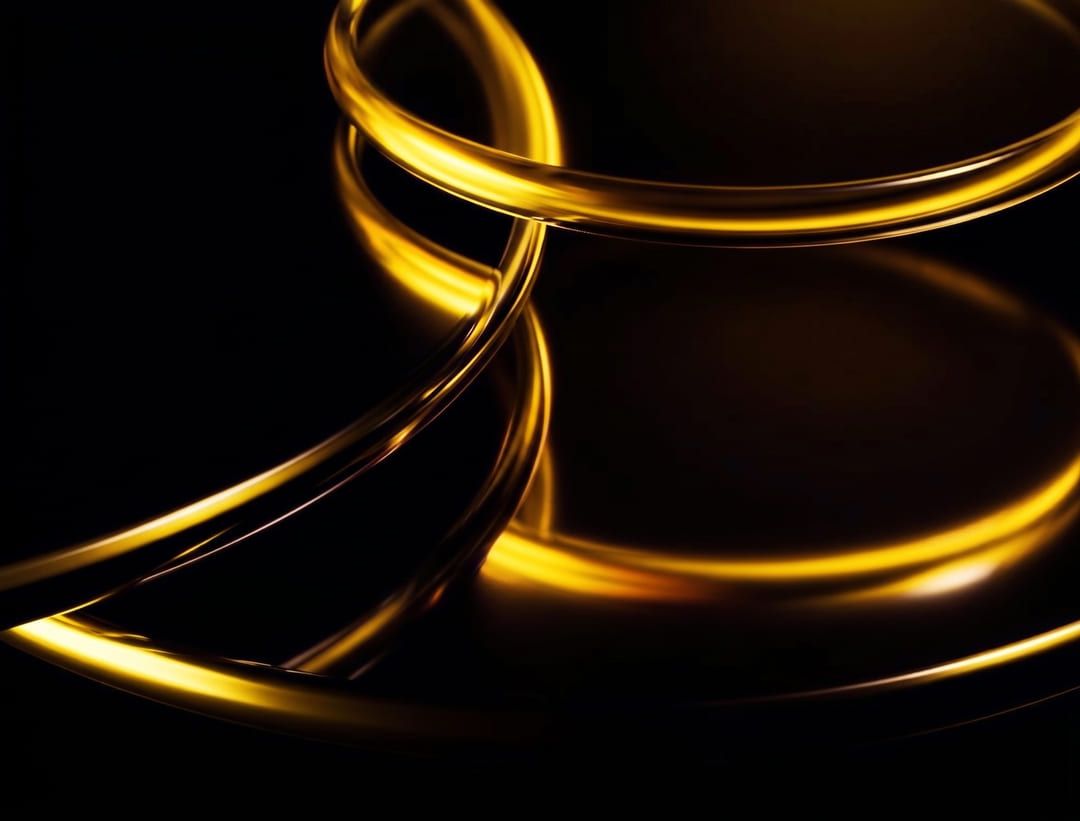 Curved gold glass rings glowing against black